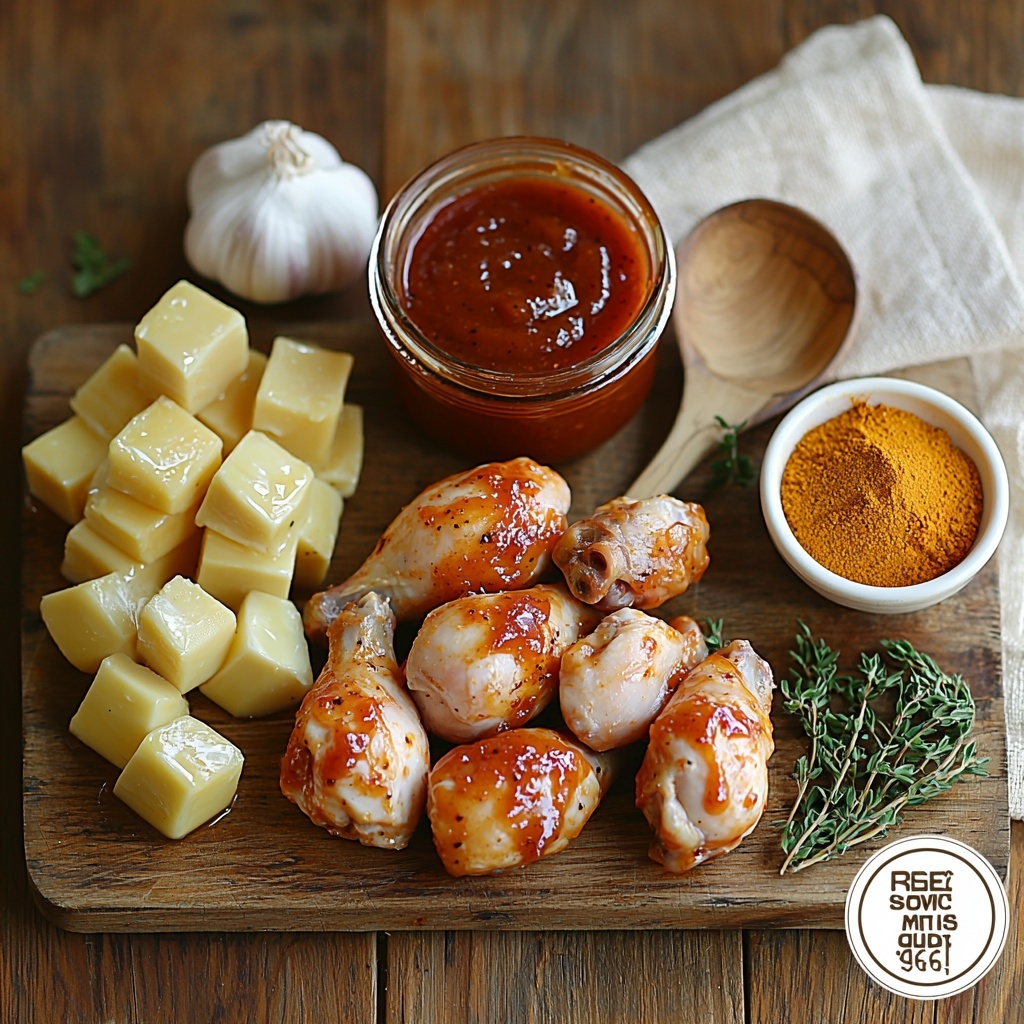 /Imagine a clean, bright wooden surface with the main ingredients for slow cooker chicken drumsticks artfully arranged in a balanced flat lay. Centered are raw chicken drumsticks, plump and pale pink with a slightly glossy texture. Nearby, a small rustic bowl holds rich, deep reddish-brown barbecue sauce with hints of sheen. Next to it, a small glass jar of golden amber honey glistens under soft lighting. A neat pile of warm orange-red Cajun seasoning powder is sprinkled beside a vintage spoon. A small white ramekin contains fine, pale beige garlic powder. The composition includes a few scattered sprigs of fresh herbs for contrast, and a clean white linen napkin is folded gently at one corner. Soft natural light highlights the vibrant colors and varied textures — the smooth sauce, coarse seasoning, and tender raw chicken skin. Shadows are delicate, creating depth without harshness. The scene feels fresh, inviting, and ready for cooking. overhead shot, top down view, flat lay photography, professional food styling --ar 1:1 --q 2 --s 750 --v 6.1