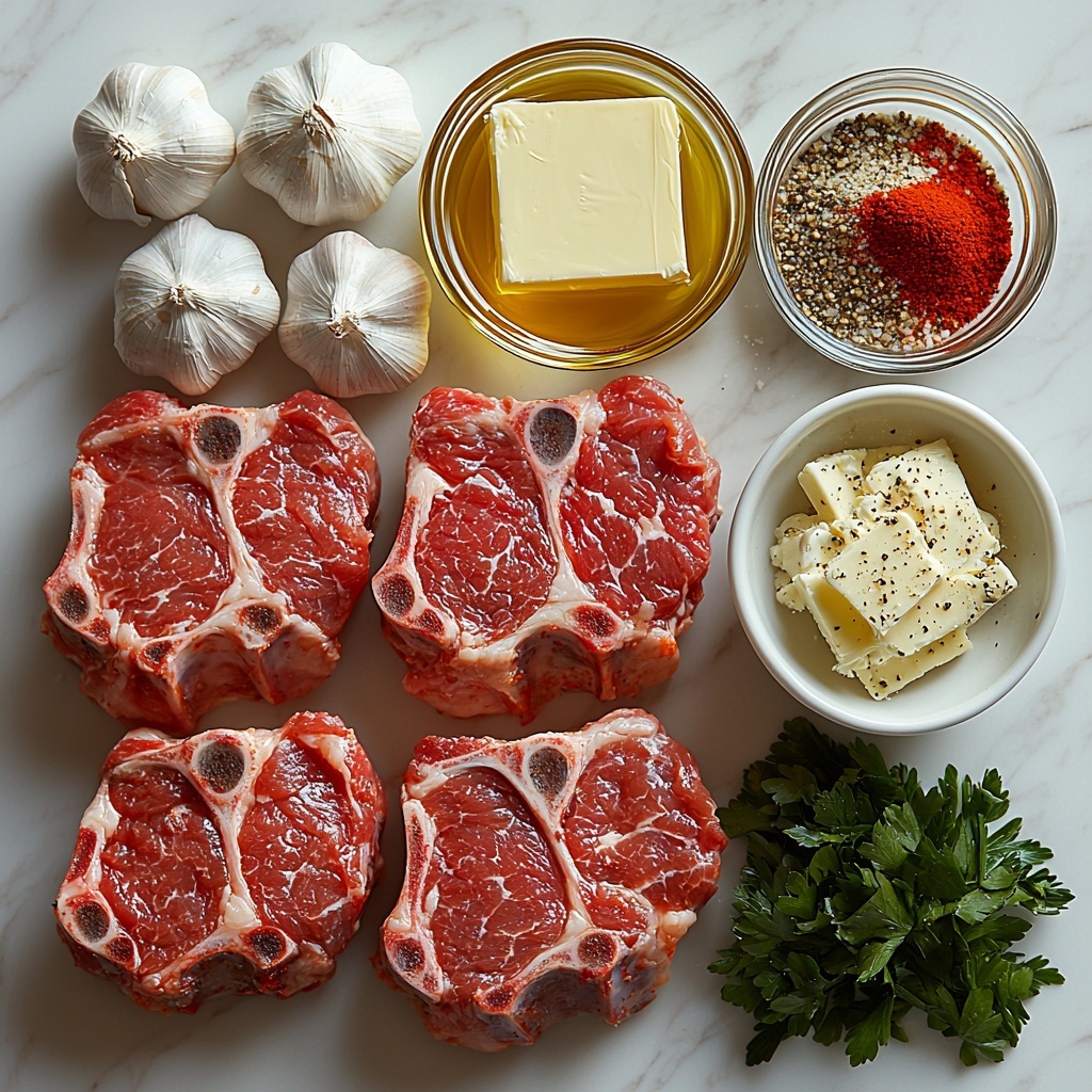A clean white marble surface neatly arranged with all main ingredients for creamy garlic pork chops: four raw pork chops thickly cut with visible marbling, a small bowl of golden olive oil, a rustic slab of creamy Kerrygold unsalted butter, ten garlic cloves both whole and finely minced, a small heap of vibrant smoked paprika powder with a few grains spilled artfully, a scattering of coarse salt and cracked black peppercorns, a small clear glass bowl of light golden chicken broth, a tiny dish of dried Italian seasoning herbs, a smooth cup of rich white cream, a small bowl overflowing with freshly grated pale yellow Parmesan cheese, and a bright pile of finely chopped fresh green parsley. Ingredients spaced with breathing room on the clean surface, warm natural light highlighting the varied textures from smooth cream and butter to rough spices and succulent meat, subtle shadows adding depth, styled with minimal props to keep focus on vibrant colors and freshness, overhead shot, top down view, flat lay photography, professional food styling --ar 1:1 --q 2 --s 750 --v 6.1