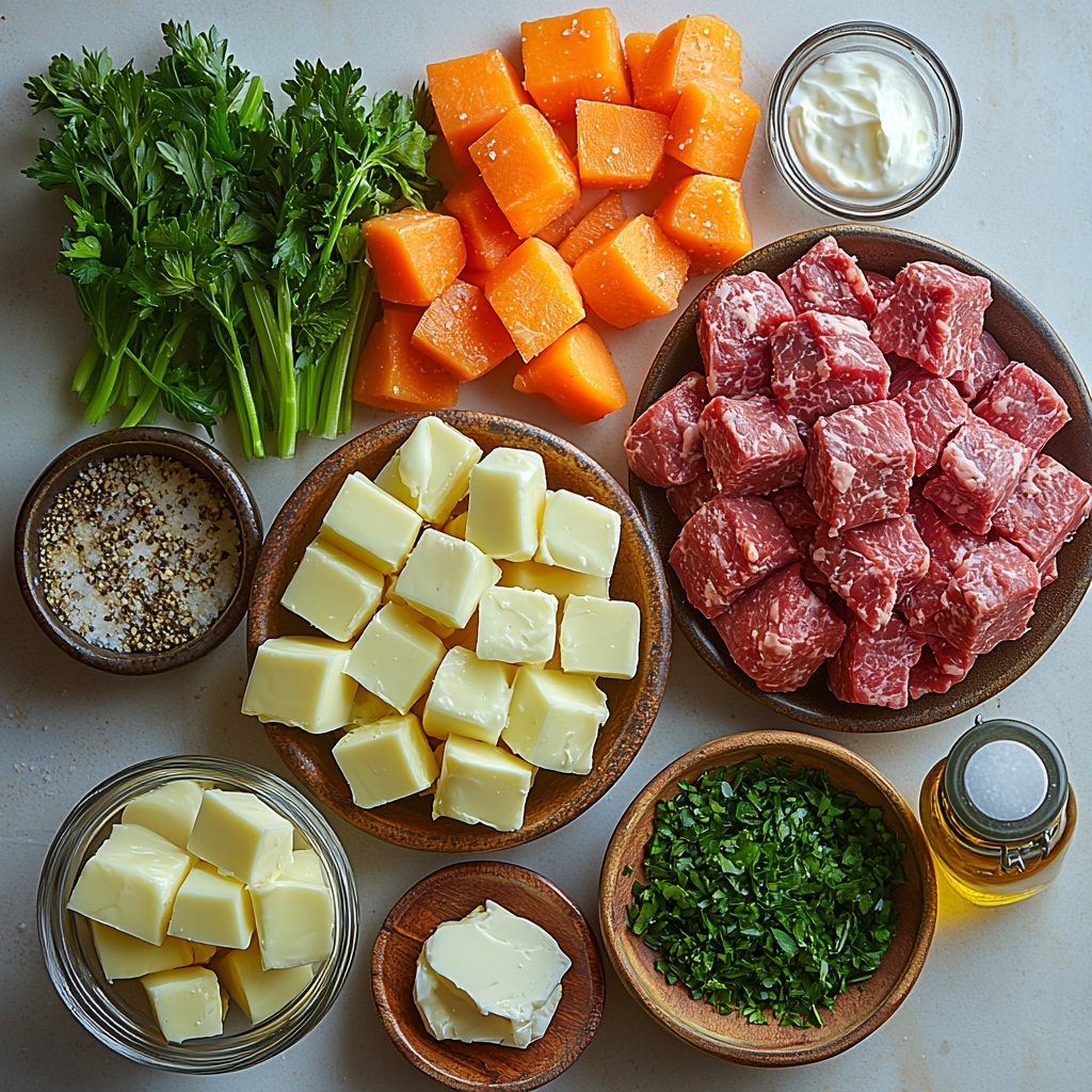 Flat lay photography of fresh ingredients for ground beef potato soup arranged neatly on a clean white surface, featuring 1 lb raw ground beef in a small bowl with rich red and pink marbling, a shiny tablespoon of golden olive oil in a glass container, a soft pat of pale yellow butter on a small ceramic dish, one large chopped onion with white and purple layers visible, three bright orange peeled and diced carrots, two crisp celery stalks diced light green, four cloves of garlic minced finely with their creamy off-white color, a small rustic bowl of mixed Italian seasoning with green herbs and brown spices, three tablespoons of fine white flour in a wooden spoon, a clear glass jug of golden chicken broth, a small bottle of dark brown Worcestershire sauce, a measuring cup filled with creamy off-white heavy cream, three medium peeled potatoes cut into neat 1/2-inch cubes showing creamy white flesh, a small bowl of bright yellow corn kernels, and a sprinkling bowl of coarse salt and freshly ground black pepper, finished with a handful of vibrant green chopped fresh parsley scattered artistically around. Soft natural light enhances the varied textures and colors, subtle shadows add depth, minimalistic style emphasizing freshness and homeliness, clean and organized layout with some ingredients in rustic bowls and wooden utensils to add warmth and contrast — overhead shot, top down view, flat lay photography, professional food styling --ar 1:1 --q 2 --s 750 --v 6.1