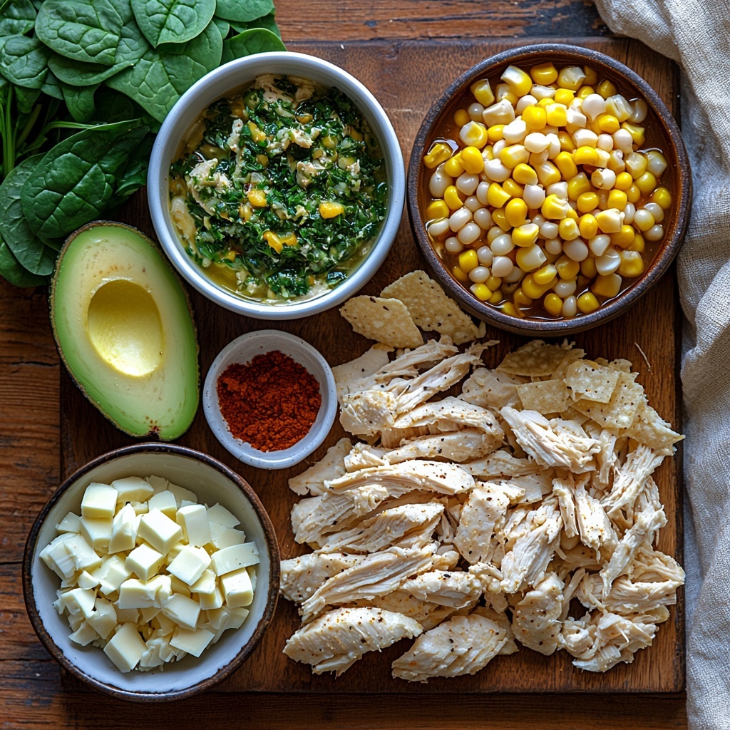 A beautiful flat lay of fresh ingredients for homemade white chicken chili arranged neatly on a clean, light wooden surface. Two open cans of white beans, their smooth creamy texture visible, placed next to a small clear bowl of olive oil glistening under soft light. A small white bowl with finely diced small onion pieces, bright and fresh with subtle translucence. Nearby, a rustic bowl piled high with vibrant frozen roasted corn, showcasing its golden yellow kernels. Fresh chopped spinach leaves scattered artfully, rich green and textured with visible veins. A small white ramekin holding bright green diced chiles, glossy and slightly wet. Sprinkled piles of warm brown ground cumin, paprika, and fine black pepper next to a pinch of coarse salt on a white ceramic spoon. A soft pile of creamy off-white cream cheese sits next to a halved lime showing fresh, juicy pulp. A small heap of pulled chicken coated in vibrant green salsa verde, tender and moist, displayed on a white plate. A rustic cup filled with golden chicken broth beside a bowl of fresh avocado slices with smooth, pale green flesh and dark skins. Nearby, crunchy golden tortilla chips and a small bowl of shredded Monterey Jack cheese, soft and stringy, with some cotija crumbles adding texture. The scene is styled with natural light casting soft shadows, a neutral linen cloth partially visible in the corner, creating an inviting and fresh atmosphere. Overhead shot, top down view, flat lay photography, professional food styling --ar 1:1 --q 2 --s 750 --v 6.1