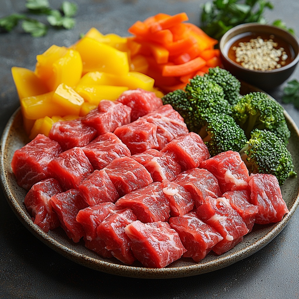 beef sirloin thinly sliced arranged in a neat pile showing deep red color and marbling, bright red and yellow bell pepper slices fanned out to showcase glossy, crisp texture, vibrant green broccoli florets clustered together, thinly sliced orange carrots laid in a small stack, fresh grated ginger in a small rustic bowl displaying fibrous texture, minced garlic cloves in another small bowl with slight sheen, small dishes holding dark glossy low-sodium soy sauce and rich brown oyster sauce, a mound of fine white cornstarch powder on a ceramic plate, two tablespoons of golden vegetable oil in a clear glass container, all ingredients spaced evenly on a clean white matte surface to emphasize colors and freshness, soft natural lighting highlighting textures and vibrant colors, subtle shadows adding depth, minimalist styling with a few small green leaves as accents, overhead shot, top down view, flat lay photography, professional food styling --ar 1:1 --q 2 --s 750 --v 6.1