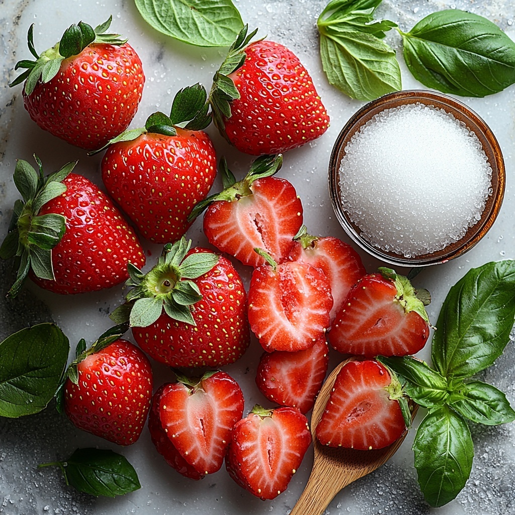 A clean white marble surface with a neat arrangement of fresh, vibrant red strawberries—some whole with green leafy tops intact, others sliced into thin, juicy pieces showing their bright red interior and seeds. Nearby, a small clear glass bowl filled with granulated sugar crystals catching the light, and a wooden spoon lightly dusted with sugar resting beside it. Soft natural light highlights the glossy texture of the strawberries and the sparkling sugar granules, with a few scattered strawberry leaves and sugar crystals artfully placed around to add depth and a fresh, rustic feel. The composition is balanced, airy, and colorful, emphasizing freshness and simplicity. Overhead shot, top down view, flat lay photography, professional food styling --ar 1:1 --q 2 --s 750 --v 6.1
