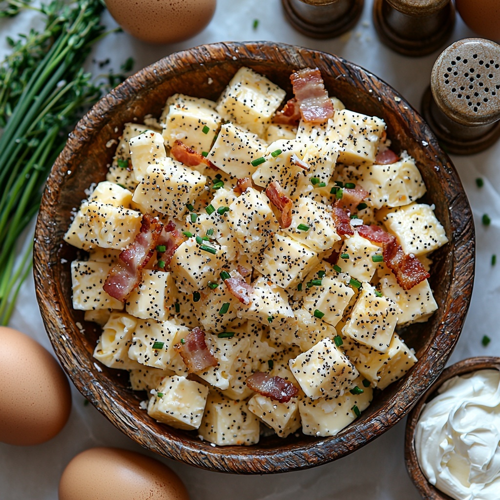 everything bagels cut into 1-inch cubes arranged in a rustic wooden bowl and scattered loosely on a clean white surface, crispy golden-brown cooked bacon pieces artfully placed beside the bagels, a small pile of shredded Gruyere cheese with its pale yellow strands fanned out gently on parchment paper, cream cheese cut into neat 1-inch cubes on a small ceramic plate, large fresh eggs in natural brown and white tones arranged in a neat row, a glass bowl filled with smooth heavy cream catching soft light reflections, small vintage salt and pepper shakers with salt and pepper sprinkled delicately nearby, fresh bright green chives laid diagonally adding a pop of color, all ingredients positioned with balanced spacing to showcase textures from soft cream cheese and fluffy shredded cheese to the crunchy bacon and dense bagels, natural soft daylight illuminating the scene from the side creating gentle shadows, minimalistic clean background emphasizing the vibrant colors and varied textures of the ingredients, overhead shot, top down view, flat lay photography, professional food styling --ar 1:1 --q 2 --s 750 --v 6.1