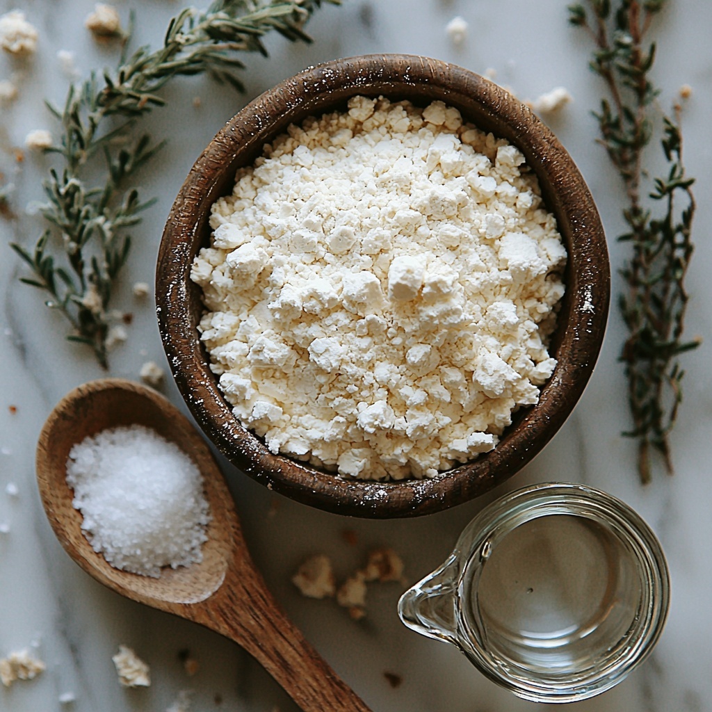 A clean white marble surface arranged with main ingredients for no knead bread: three cups of all-purpose flour in a small rustic ceramic bowl with some flour lightly scattered around it, two teaspoons of coarse sea salt in a tiny glass dish, two teaspoons of active dry yeast displayed loosely in a small wooden spoon, a clear glass measuring cup filled with warm water showing gentle steam rising, all items spaced evenly with natural soft daylight casting gentle shadows, subtle flour dusting on the surface suggesting rustic baking, warm neutral tones, minimalist styling with a touch of farmhouse charm, textures highlighting the powdery flour, crystalline salt, granular yeast, and smooth water — overhead shot, top down view, flat lay photography, professional food styling --ar 1:1 --q 2 --s 750 --v 6.1