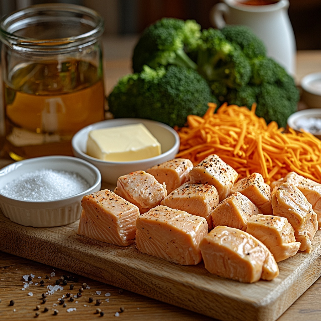 A clean, light wooden surface neatly arranged with the main ingredients for classic chicken broccoli cheddar soup: raw chicken breasts cut into uniform 1/2-inch cubes displayed on a small white ceramic dish; a small bowl of coarse sea salt and garlic powder side by side; a glistening drizzle of golden Pompeian extra virgin olive oil in a clear glass ramekin; several pats of rich, yellow Kerrygold salted butter on a rustic butter knife; finely diced white onion piled in a small white bowl; a delicate heap of King Arthur all-purpose flour on a white porcelain plate; a glass measuring cup filled with clear golden chicken broth; a small jug of creamy light beige cream; bite-sized bright green broccoli florets fanned out on a wooden board; shredded vibrant orange carrots showcased in a shallow white bowl; tiny white ceramic spoons holding paprika, mustard powder, cayenne pepper, black pepper, and additional salt arranged in a neat line; a generous mound of freshly grated sharp orange cheddar cheese on crinkled parchment paper. The colors contrast beautifully—warm yellows, fresh greens, bright orange, and pristine whites—complemented by natural textures of wood, ceramics and parchment. Soft natural daylight illuminates the scene with gentle shadows, highlighting freshness and inviting warmth. Overhead shot, top down view, flat lay photography, professional food styling --ar 1:1 --q 2 --s 750 --v 6.1