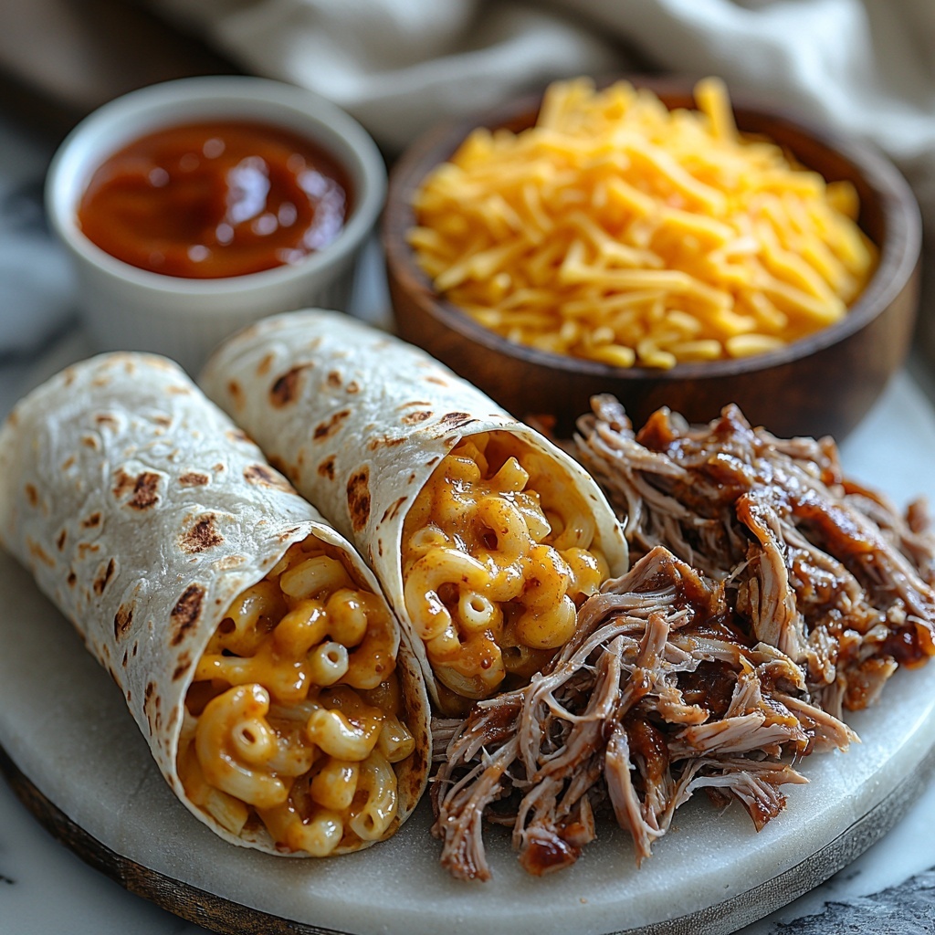 pulled pork mac & cheese wrap ingredients flat lay: two large burrito-sized flour tortillas neatly laid flat on a clean white marble surface, a small glass bowl with vibrant reddish-brown barbecue sauce showing glossy, thick texture, a rustic wooden bowl with 4 ounces of tender, shredded pulled pork in rich brown hues, a small white ramekin filled with creamy, golden-yellow macaroni and cheese, slightly bubbling cheese visible, a small pile of shredded triple cheddar cheese in warm orange and pale yellow tones scattered delicately on the surface, all ingredients spaced evenly in a balanced circular arrangement around the center, soft natural light enhancing the warm colors and creamy textures, minimal shadows, clean and modern styling with subtle linen napkin folded nearby, fresh and appetizing, overhead shot, top down view, flat lay photography, professional food styling --ar 1:1 --q 2 --s 750 --v 6.1