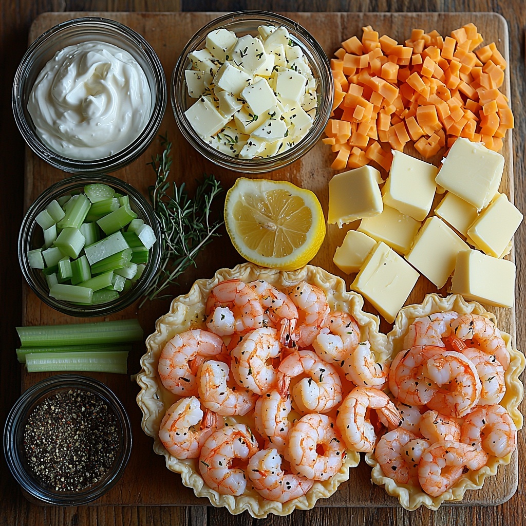 fresh peeled and deveined shrimp, finely chopped onion, green bell pepper, celery, minced garlic clove, whole eggs, smooth mayonnaise in a small bowl, milk in a glass measuring cup, stick of butter, wedge of cheddar cheese with shredded cheddar pieces scattered, slice of lemon, small dish of Worcestershire sauce, sprinkling of salt, black peppercorns, cayenne pepper powder, unbaked 9-inch pastry shell on a clean light wooden surface; ingredients neatly arranged in small white ceramic bowls and glass containers, vibrant colors of fresh vegetables and shrimp contrasting with creamy mayonnaise and bright yellow cheddar, textures ranging from smooth and creamy to rough shredded cheese and crisp vegetable pieces; soft natural lighting casting gentle shadows to highlight details; minimal props with a rustic linen napkin folded to one side, emphasizing freshness and a homely kitchen vibe; overhead shot, top down view, flat lay photography, professional food styling --ar 1:1 --q 2 --s 750 --v 6.1