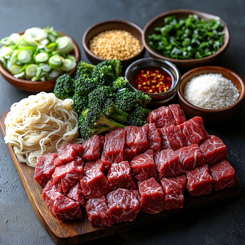 A clean white surface neatly arranged with all the main ingredients for beef and broccoli noodles: thinly sliced raw beef sirloin with rich red hues and marbling, bright green broccoli florets showcasing their natural texture, cooked lo mein or rice noodles coiled loosely with a soft, glossy appearance, small rustic bowls containing dark soy sauce and glossy oyster sauce, a heap of finely minced garlic and fresh ginger with pale yellow tones, a small mound of light brown sugar crystals, a small glass dish filled with golden sesame oil, a bowl of rich brown beef broth, a small container with fine white cornstarch powder, thinly sliced vibrant green onions scattered lightly, a small pile of white sesame seeds, and a tiny dish holding bright red chili flakes. Ingredients are spaced evenly with a mix of natural textures and colors creating visual harmony, styled with soft natural lighting to enhance freshness and detail, subtle shadows adding depth and contrast, minimalistic props emphasizing the ingredients, overhead shot, top down view, flat lay photography, professional food styling --ar 1:1 --q 2 --s 750 --v 6.1