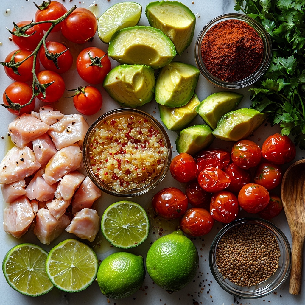 boneless skinless chicken breasts raw, fresh honey in a small glass bowl golden and thick, fresh limes halved and whole bright green with textured rind, olive oil in a small clear dish glossy and golden, garlic cloves peeled and minced white and finely chopped, ground cumin small rustic heap warm brown powder, quinoa uncooked in a neat pile small beige grains, ripe avocados diced creamy green with a smooth texture, cherry tomatoes diced vibrant red juicy pieces, fresh cilantro chopped bright green leaves scattered, salt and black pepper sprinkled in small rustic piles, lime wedges fresh and juicy bright green, all ingredients thoughtfully arranged on a clean white marble surface with natural light highlighting the colors and textures, slight shadows for dimension, minimalist styling with a few kitchen tools like a wooden spoon and linen napkin placed casually nearby, overhead shot, top down view, flat lay photography, professional food styling --ar 1:1 --q 2 --s 750 --v 6.1