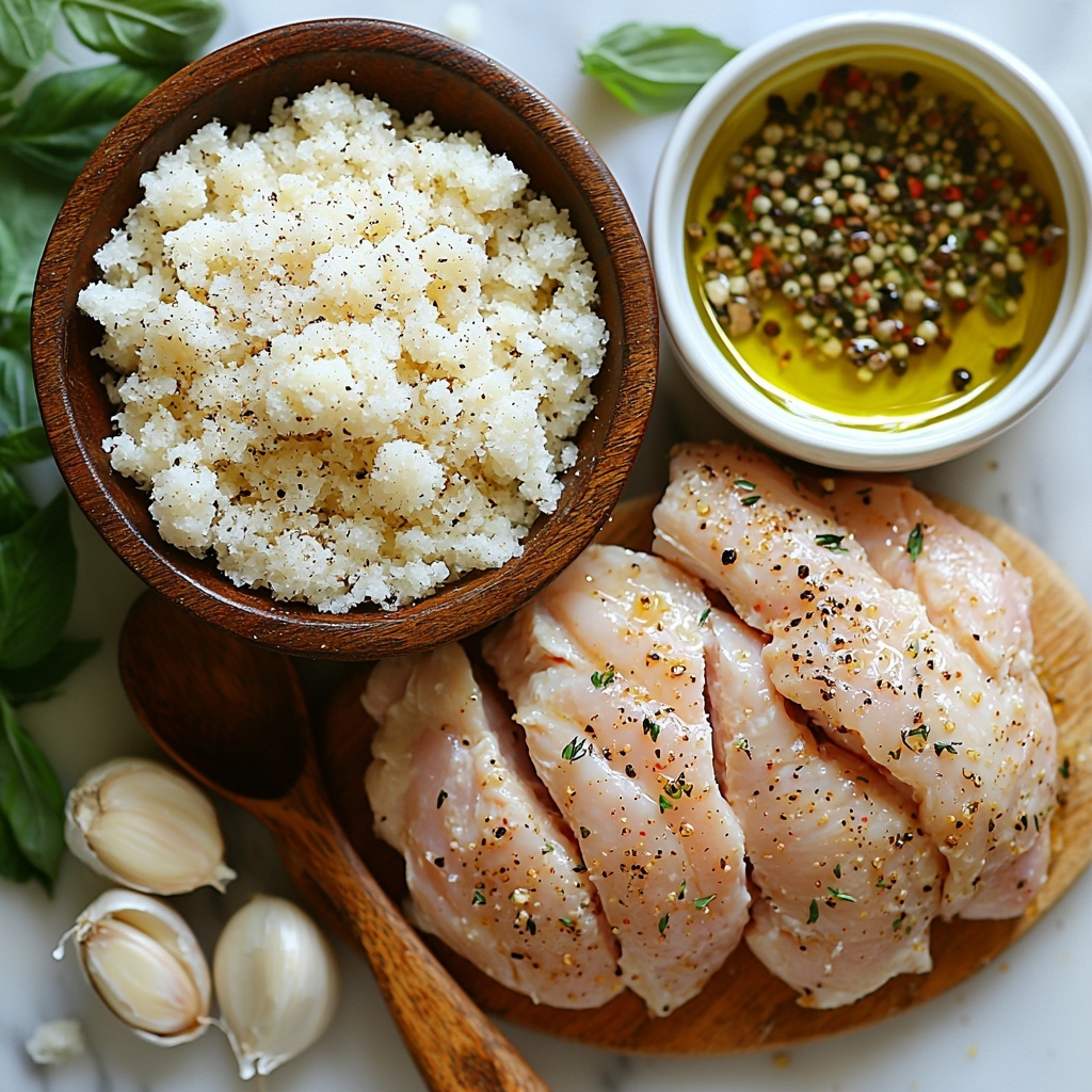 4 boneless, skinless chicken breasts with smooth, pale pink flesh, arranged neatly on a clean white marble surface; 4 cloves of fresh garlic, minced finely and presented in a small glass bowl with natural white and light yellow hues; a small heap of freshly grated Parmesan cheese showcasing soft, crumbly white texture; 3 tablespoons of golden extra virgin olive oil in a clear glass dish reflecting light; 2 tablespoons of dark amber low-sodium soy sauce in a shallow ceramic bowl; 1 tablespoon of dried Italian herbs (mixture of oregano, basil, thyme) with green and brown flecks scattered artfully; small white salt crystals and cracked black peppercorns sprinkled lightly around; overall composition balanced with negative space, soft natural lighting emphasizing textures and vibrant natural colors, minimalistic rustic styling with crisp focus and gentle shadows, clean and elegant aesthetic, overhead shot, top down view, flat lay photography, professional food styling --ar 1:1 --q 2 --s 750 --v 6.1