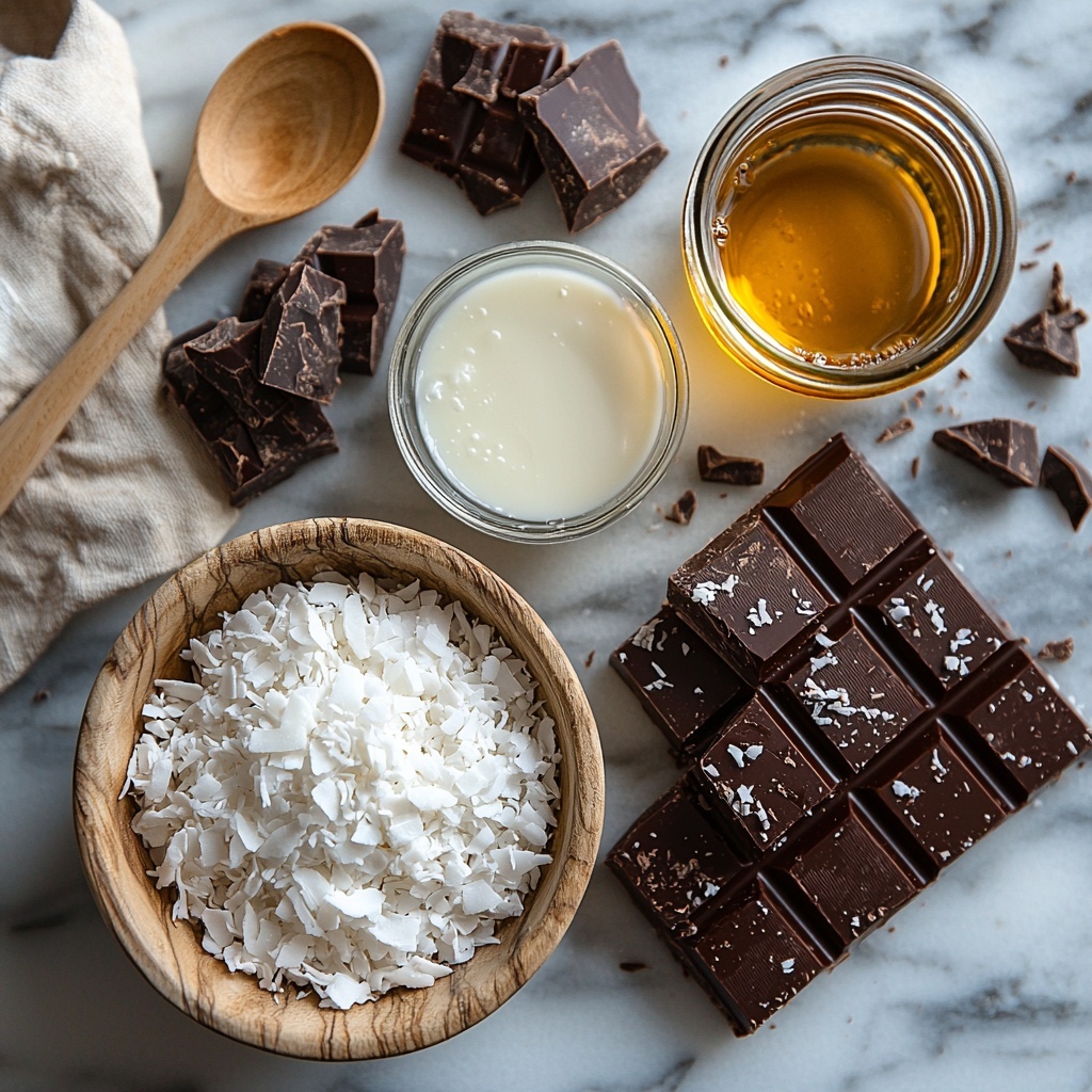 A clean, bright surface featuring the main ingredients for Coconut Bounty Bars arranged in an aesthetically pleasing flat lay: a small bowl filled with fluffy, white unsweetened shredded coconut with a light, airy texture; a glass jar or small bowl of thick, glossy sweetened condensed milk with a creamy ivory hue; a tiny glass dish holding clear to slightly amber vanilla extract; a slab of rich, dark chocolate with a glossy, smooth surface resting beside chunks broken off, showcasing the texture inside; a small glass bowl containing pale, melted coconut oil with a silky sheen. Natural light softly illuminating the scene, highlighting the varying textures from delicate coconut flakes to smooth melted oil and shiny chocolate. Minimal, contemporary styling with rustic wooden spoons and neutral linen napkins partially framing ingredients, shadows adding depth and warmth. Overhead shot, top down view, flat lay photography, professional food styling --ar 1:1 --q 2 --s 750 --v 6.1