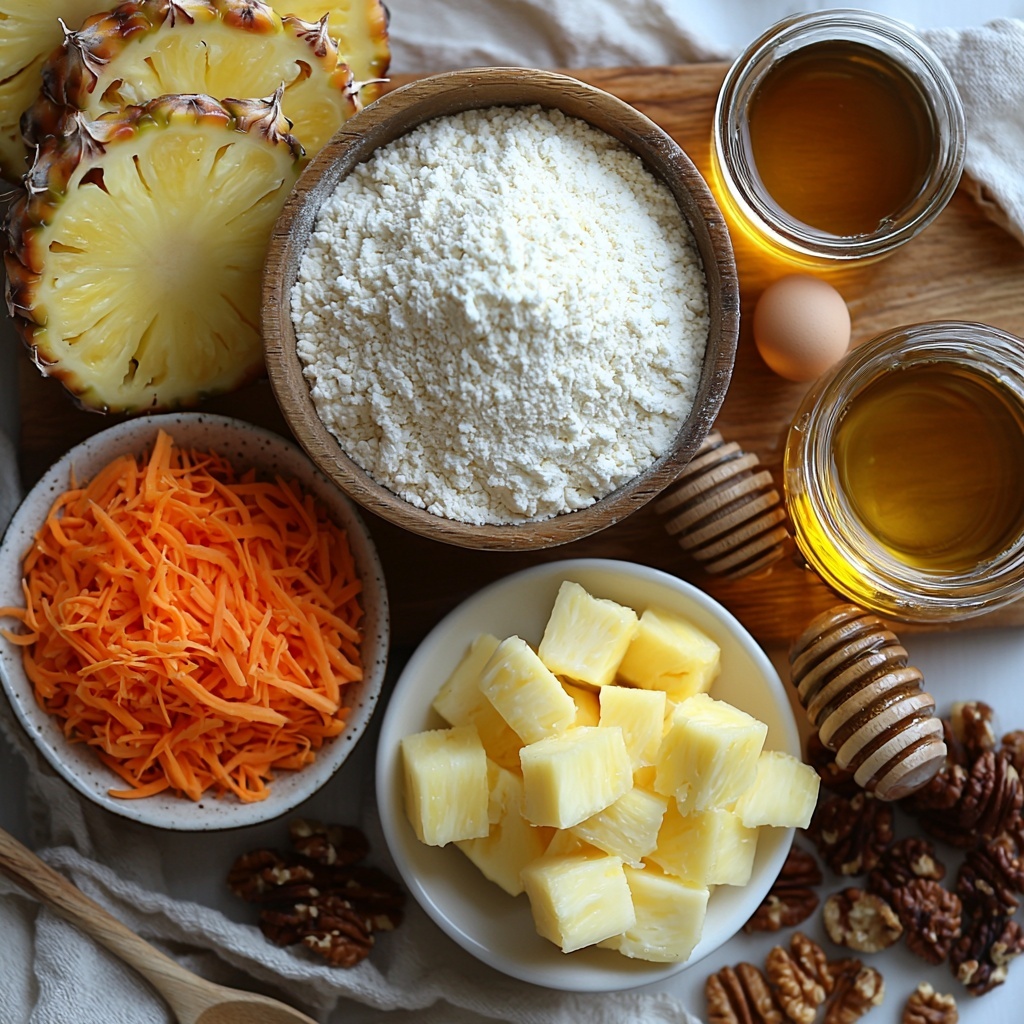 A clean, bright white surface neatly arranged with the main ingredients for a pineapple carrot cream cake: a rustic bowl of 2 cups all-purpose flour with soft, powdery texture; a small glass jar filled halfway with golden honey, its sticky sheen catching the light; a wooden spoon holding 1 teaspoon each of baking powder and baking soda, and scattered grains of fine salt nearby; warm-toned spices—1 teaspoon ground cinnamon, ½ teaspoon nutmeg, and ½ teaspoon ground ginger—carefully placed in small ceramic dishes, showcasing rich, earthy browns and subtle reds; a sleek glass bottle of clear vegetable oil reflecting soft highlights; four large, smooth eggs with warm beige shells arranged in a neat cluster; a crisp white bowl heaped with bright orange grated carrots, showcasing their fresh, fibrous texture; a small glass bowl containing drained crushed pineapple chunks glistening with juice; a tiny ramekin of vanilla extract with deep amber hues; a small pile of roughly chopped walnuts displaying natural ridges and muted browns; for frosting ingredients, a slab of creamy off-white cream cheese on a wooden cutting board, a stick of pale yellow butter beside it, and a small bowl of honey; delicate touch props like a light drizzle of maple syrup in a small dish hint at shine and sweetness. The overall composition is clean, balanced with natural light enhancing the warm, inviting autumnal and tropical color palette, styled with subtle linen napkins and rustic wooden utensils for a cozy, elegant vibe. overhead shot, top down view, flat lay photography, professional food styling --ar 1:1 --q 2 --s 750 --v 6.1