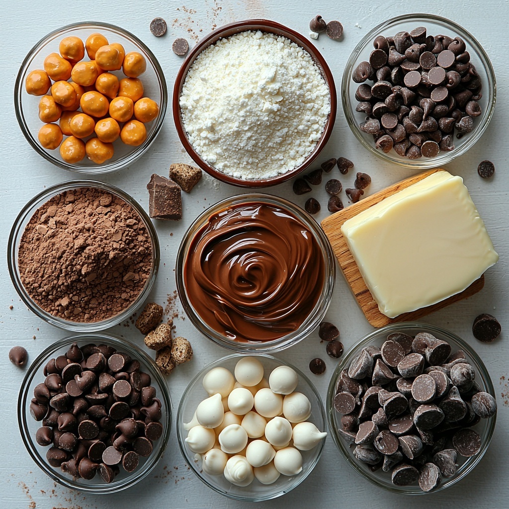 Midjourney prompt:

A clean white surface neatly arranged with all the main ingredients for chocolate and peanut butter cookies: a small glass bowl of creamy peanut butter with smooth texture, a heap of fine powdered sugar in a white ceramic ramekin, a small clear bowl of whole milk with a glossy liquid surface, a tiny glass dish of amber vanilla extract, a small pile of fine white salt crystals, a neat mound of light beige all-purpose flour, two separate heaps of dark brown unsweetened cocoa powder and deep black cocoa powder, an unopened vintage-style box of instant chocolate fudge pudding mix with bold lettering, a small spoon of powdered milk powder, scattered fine white salt, a tiny amount of baking soda powder, a bowl filled with shiny white granulated sugar crystals, a chunk of soft yellow salted butter on a wooden board, one whole large fresh egg with smooth shell, an egg yolk in a small glass bowl, a small cup of whole milk at room temperature, a bottle of pure vanilla extract with label, a vibrant pile of orange, yellow, and brown Reese’s Pieces candy, and creamy beige Reese’s Peanut Butter Chips arranged artistically with some loose pieces sprinkled for texture. The ingredients are spaced evenly with natural soft daylight creating subtle shadows, emphasizing textures and colors for an inviting and warm tone. Overhead shot, top down view, flat lay photography, professional food styling --ar 1:1 --q 2 --s 750 --v 6.1