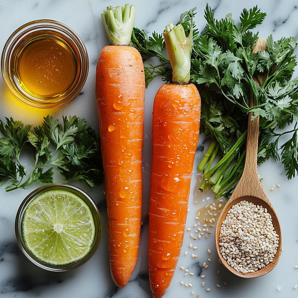 vibrant flat lay of raw carrot salad ingredients arranged on a clean white marble surface: two large peeled organic carrots, bright orange with smooth texture, a small glass bowl of golden olive oil glistening under soft light, a tiny dish of amber raw honey dripping slightly, a clear glass bowl with golden apple cider vinegar, a small bowl with fresh lime juice, a delicate pile of fresh green cilantro leaves with visible veins, a small wooden spoon holding light beige sesame seeds, scattered flakes of coarse flaky sea salt sparkling subtly on the surface, natural light casting soft shadows, minimalistic and bright styling emphasizing fresh colors and textures, rustic yet elegant composition, overhead shot, top down view, flat lay photography, professional food styling --ar 1:1 --q 2 --s 750 --v 6.1