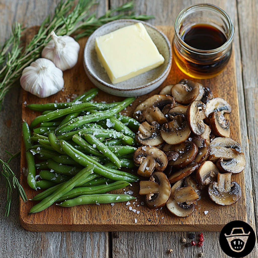 /Imagine prompt: A clean, light wooden surface with an artfully arranged flat lay of fresh cooking ingredients for sautéed green beans and mushrooms. A neat bundle of vibrant, bright green trimmed green beans with a glossy sheen sits on one side. Nearby, a cluster of sliced cremini mushrooms displays their rich, earthy brown caps and creamy interiors, slightly overlapping to show texture contrast. A small rustic bowl holds golden extra virgin olive oil, catching soft light with a smooth, reflective surface. A pat of creamy, pale yellow butter rests on a small white ceramic dish, melting slightly at the edges. Three garlic cloves, finely chopped, are scattered delicately on the surface, showing their papery skins and white, pungent texture. Tiny piles of coarse sea salt and freshly cracked black peppercorns add contrast with their crystalline white and peppery black flecks. A small glass container of dark soy sauce with a shiny, viscous surface and a tiny dish of deep amber balsamic vinegar complete the composition. The arrangement balances natural earth tones and vibrant greens, enhanced by soft natural lighting, subtle shadows, and minimalistic styling with a few fresh green bean leaves for accent. The scene communicates freshness, quality ingredients, and inviting rustic elegance. Overhead shot, top down view, flat lay photography, professional food styling --ar 1:1 --q 2 --s 750 --v 6.1