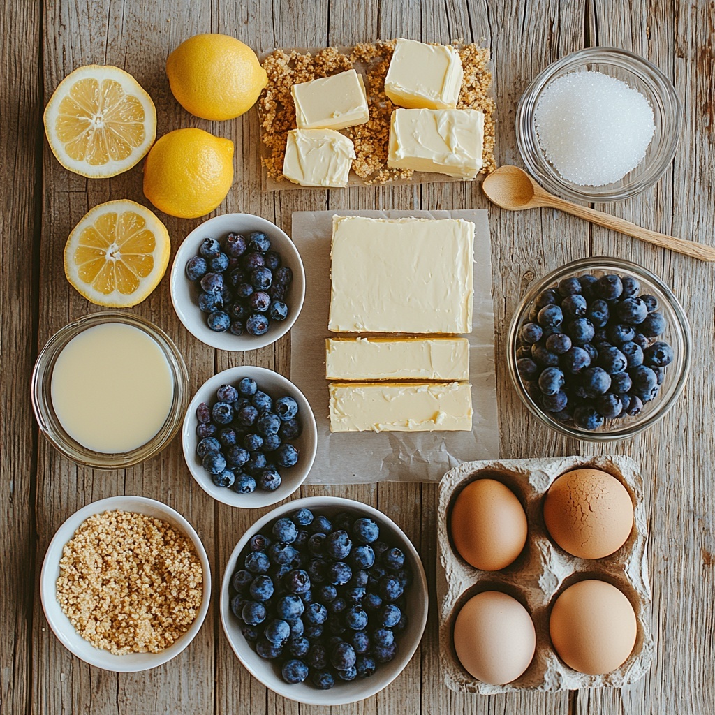 A clean, light wooden surface with all the main ingredients for juicy mini lemon blueberry cheesecakes neatly arranged in a visually balanced flat lay: a small bowl of golden graham cracker crumbs with a nearby drizzle of melted unsalted butter in a clear glass container, a block of smooth, creamy white cream cheese partially unwrapped on parchment paper, a small white bowl of fine granulated sugar, two large fresh eggs cracked open next to their shells, a bright yellow lemon sliced showing vibrant zest and a small bowl filled with fresh, plump deep blue blueberries. Include a small glass bowl with freshly squeezed lemon juice—a pale yellow liquid—and a tiny dish of vanilla extract, dark amber in color. For the sauce ingredients, showcase a small saucepan with simmering blueberries alongside a teaspoon of sugar, a teaspoon of water droplets on a white ceramic spoon, and a wedge of lemon. The textures vary from crumbly graham crackers to glossy blueberries, the soft smoothness of cream cheese and eggshells, and the fresh zest providing a pop of citrus yellow. The arrangement is airy with ample negative space, natural daylight casting soft shadows, styled with minimal rustic props like linen napkins and wooden spoons for an inviting, fresh, and clean aesthetic. overhead shot, top down view, flat lay photography, professional food styling --ar 1:1 --q 2 --s 750 --v 6.1