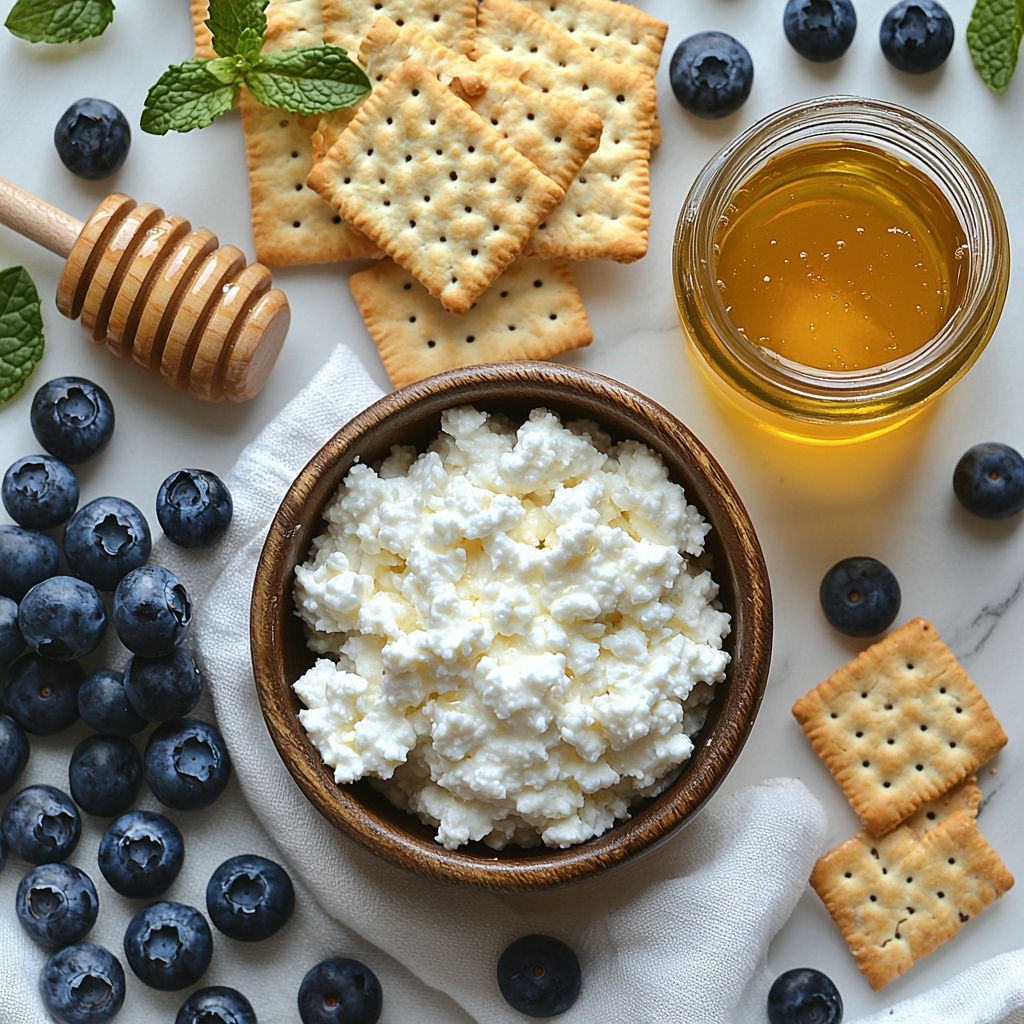 Fresh blueberries in a small rustic bowl with some scattered loose berries around it, a glass jar of golden honey with a wooden honey dipper resting beside, a white ceramic bowl filled with creamy full-fat small curd cottage cheese showing its fluffy texture, a small glass bowl of bright yellow lemon juice, a heap of crushed golden graham crackers on a white linen napkin with some crumbs scattered artistically, all arranged neatly on a clean white marble surface with soft natural light highlighting the vibrant colors and contrasting textures, gentle shadows adding depth, styled with minimal props such as a wooden spoon and a sprig of fresh mint for a fresh and inviting look, overhead shot, top down view, flat lay photography, professional food styling --ar 1:1 --q 2 --s 750 --v 6.1