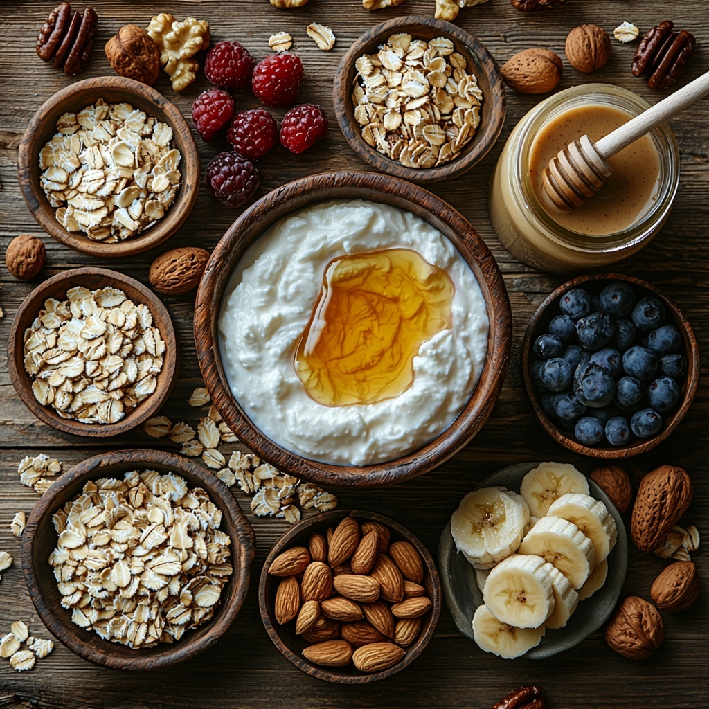 A clean white wooden surface neatly arranged with the main ingredients for overnight yogurt oats: a rustic bowl filled with creamy, thick Greek yogurt; a small heap of light beige rolled oats scattered beside it; a glass carafe of creamy almond milk with condensation; a small wooden dish holding golden honey with a honey dipper; a tiny glass jar of amber maple syrup; a clear bowl with glossy fresh mixed berries in deep reds and purples; a plate of perfectly sliced ripe bananas showing soft yellow tones; a small bowl of mixed chopped nuts with varied browns and textures; a jar of rich, smooth peanut butter with a wooden spreading knife; a bowl of fluffy white shredded coconut; a small dish of dark chia seeds; and a pinch bowl of warm brown cinnamon powder. The items are arranged in a balanced, visually pleasing semicircle with subtle shadows, natural morning light softly illuminating the scene, creating a fresh, wholesome breakfast vibe. Overhead shot, top down view, flat lay photography, professional food styling --ar 1:1 --q 2 --s 750 --v 6.1