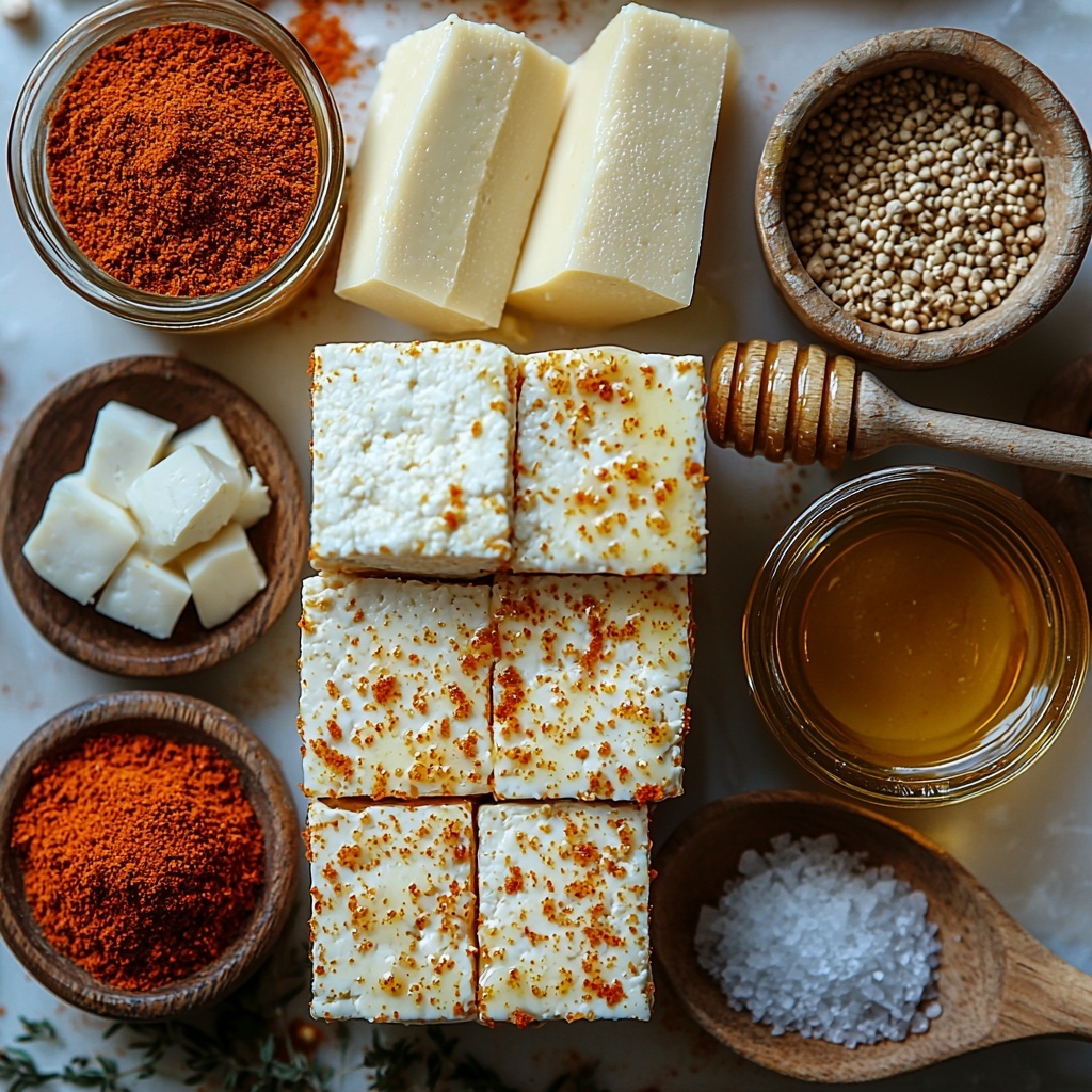 a clean white surface with a block of firm tofu, a small glass bowl of golden honey, a small glass bowl of smooth yellow mustard, a rustic bowl of light brown breadcrumbs, scattered coarse breadcrumbs around, small piles of reddish paprika powder and off-white garlic powder neatly placed on the surface, a small wooden spoon handling the spices, a pinch bowl of salt and pepper with visible crystals and specks, soft natural lighting highlighting the varied textures of tofu’s smoothness, honey’s glossy sheen, mustard’s creamy texture, and the breadcrumbs’ crumbly roughness, minimal shadows, balanced composition with ingredients spaced evenly but connected visually, warm earthy tones with pops of yellow and reddish-orange, fresh and inviting atmosphere, overhead shot, top down view, flat lay photography, professional food styling --ar 1:1 --q 2 --s 750 --v 6.1