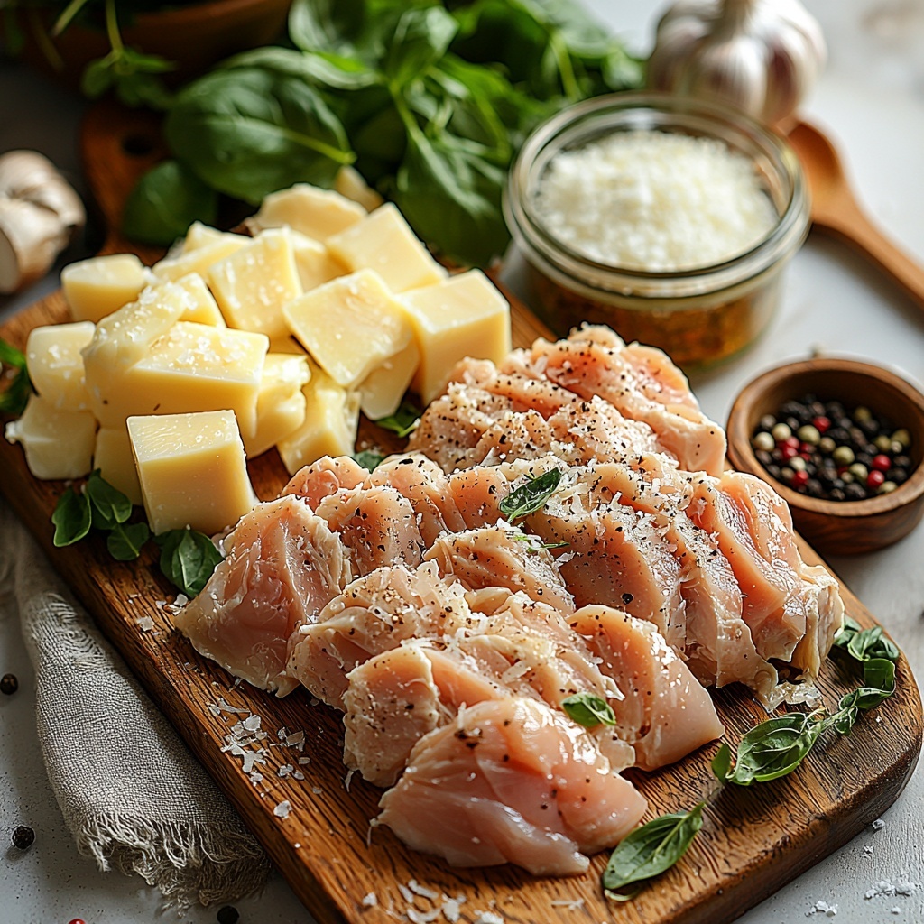 Chicken breasts (boneless, skinless) raw, placed on a small wooden cutting board; a small bowl of grated Parmesan cheese with fine texture, spilling slightly onto the surface; a glass measuring cup filled with golden chicken broth; a small rustic bowl of heavy cream, smooth and creamy; peeled garlic cloves with papery skins nearby; a halved onion showing its layered white and purple interior; fresh sprigs of Italian herbs including basil, oregano, and thyme arranged artfully; small piles of coarse salt and cracked black pepper; optional ingredients: fresh bright green spinach leaves, sliced brown mushrooms with visible gills, and a tiny bowl of vibrant red chili flakes; all laid out neatly on a clean white marble countertop that enhances the colors and textures, natural soft lighting with gentle shadows creating depth, minimalistic style with subtle rustic props like a wooden spoon and linen napkin to evoke a cozy homemade feel, fresh and inviting visual harmony making each ingredient’s texture and color pop. Overhead shot, top down view, flat lay photography, professional food styling --ar 1:1 --q 2 --s 750 --v 6.1