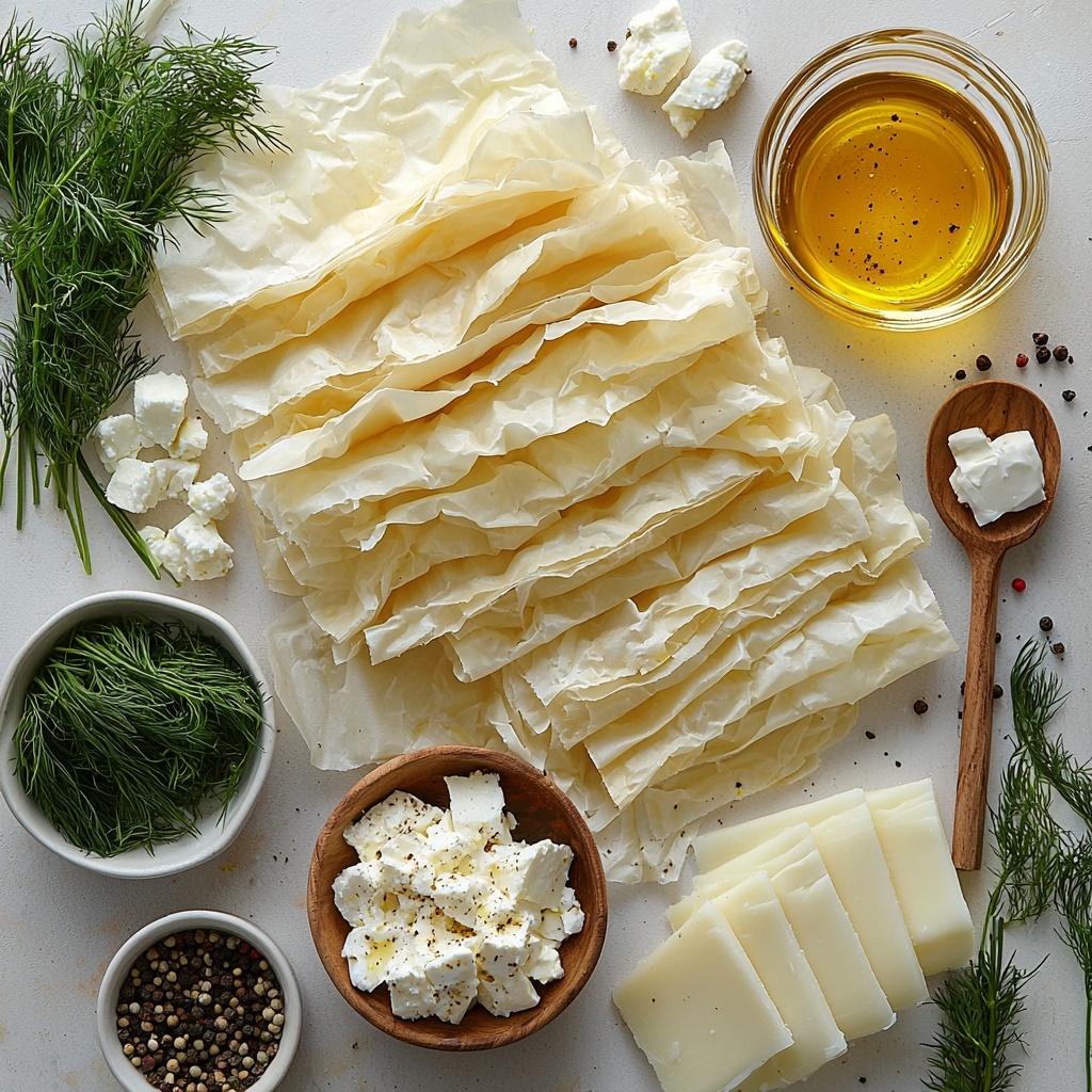 10 sheets of thin, delicate phyllo dough laid out smooth and slightly translucent, crumbled white feta cheese piled loosely in a small rustic bowl, creamy off-white cream cheese block beside it, fresh vibrant green chopped dill scattered artfully nearby, small wooden spoon with coarse black pepper sprinkled around, a small glass bowl of golden olive oil reflecting light, a clear jar with deep amber honey glistening, tiny white bowl of bright red chili flakes, and a small dish with finely grated pale yellow lemon zest, all arranged neatly on a clean white textured surface with soft natural light casting gentle shadows, highlighting the contrasting colors and textures — crisp, flaky dough sheets, crumbly cheese, fresh herbs, glossy oil and honey, vibrant spice flakes — styled with minimal props to emphasize freshness and simplicity, fresh and inviting atmosphere, overhead shot, top down view, flat lay photography, professional food styling --ar 1:1 --q 2 --s 750 --v 6.1