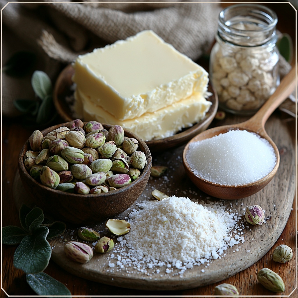 Shelled unsalted pistachios in a small rustic bowl, a neat pile of pale almond flour beside it, a stick of unsalted butter at room temperature wrapped partially in parchment paper showing soft creamy yellow texture, a small glass bowl with sparkling white granulated sugar, a tiny spoon with amber vanilla extract and another with clear almond extract displayed on a delicate ceramic dish, a shallow bowl filled with fine white arrowroot starch, a small pile of coarse sea salt crystals, and a porcelain bowl filled with snowy powdered sugar for coating. All ingredients arranged neatly on a clean, light wooden surface with subtle natural light casting gentle shadows. The textures contrast — the rough pistachios, powdery flours and starch, smooth butter, and sparkling sugars. Minimalist styling with earth tones complemented by soft linen napkins and a vintage silver spoon for scale and warmth. Overhead shot, top down view, flat lay photography, professional food styling --ar 1:1 --q 2 --s 750 --v 6.1