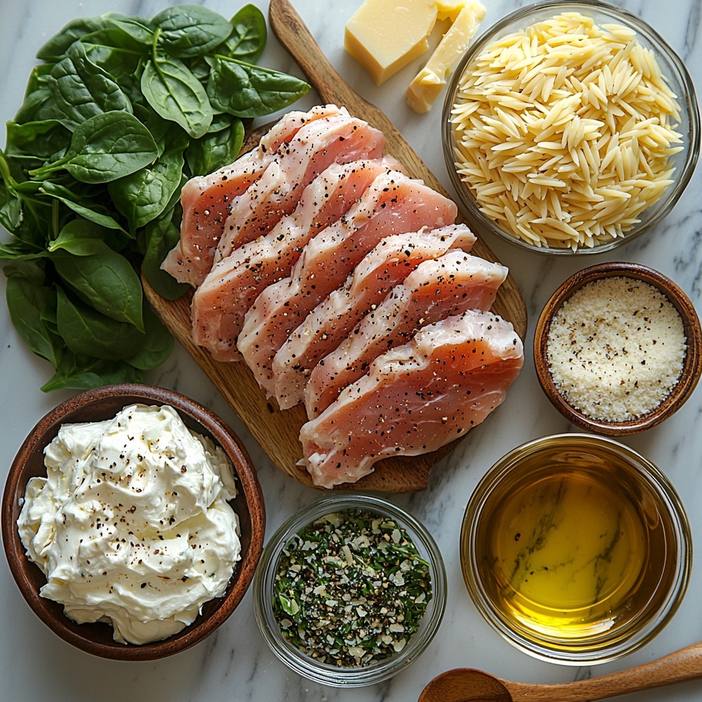 A clean white marble surface with all the main ingredients carefully arranged for a vibrant flat lay: a small glass bowl of golden orzo pasta showing its smooth, slightly translucent grains; a small dish of rich, glossy olive oil glistening under soft natural light; a wooden spoon beside a rustic heap of finely chopped bright green fresh spinach leaves; four raw, plump boneless skinless chicken breasts with a light dusting of paprika, black pepper, garlic powder, and salt visible on their pale pink surface; a small ramekin filled with creamy heavy cream, smooth and pearly white; a cup of golden chicken broth in a clear glass measuring cup catching light reflections; a round wheel of Boursin Garlic & Fine Herbs cheese, its creamy texture evident with a soft, herb-speckled white surface and a few fresh parsley sprigs nearby, adding vibrant leafy green contrast; a small jar or mound of shredded Parmesan cheese, finely textured with a soft off-white color; all ingredients spaced with negative space for balance, shot from above to emphasize color contrasts and textures, styled with a warm, natural daylight ambiance, subtle shadows creating depth, minimal rustic props like light wooden utensils and a linen napkin placed casually nearby to evoke a cozy kitchen vibe, overhead shot, top down view, flat lay photography, professional food styling --ar 1:1 --q 2 --s 750 --v 6.1