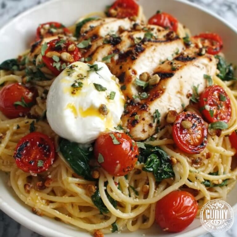 Chicken Spaghetti with Burrata, Roasted Tomatoes, and Lemon Butter Garlic Sauce Recipe