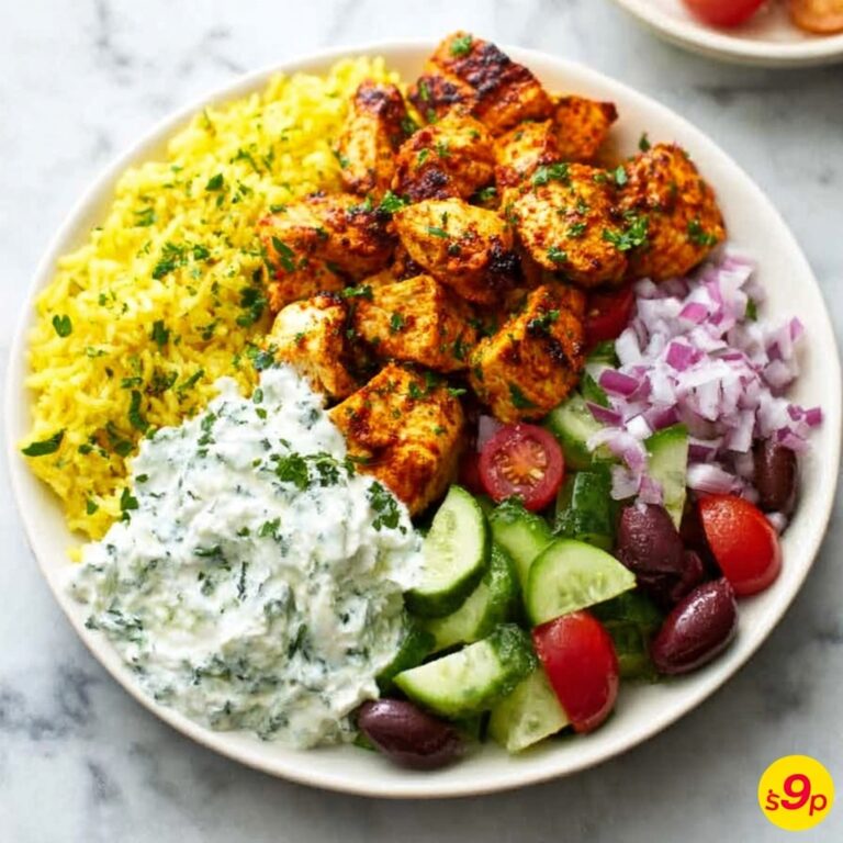 Instant Pot Chicken Souvlaki Rice with Greek Salad and Tzatziki Recipe