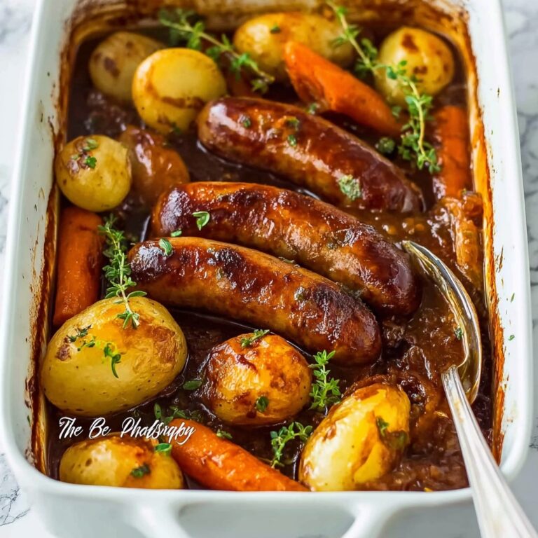 Oven Baked Sausages with Potatoes, Vegetables and Gravy Recipe